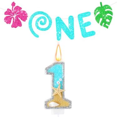 Imagem de Conelist 2 peças de faixa tropical havaiana de 1º aniversário com velas decorações de festa com glitter flor de folha de palmeira para festa de verão tropical luau chá de bebê decoração de carnaval