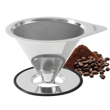 Imagem de Mongdio Gotejador de café de aço inoxidável, filtro de café de metal reutilizável, design de malha dupla de cafeteira, com base removível. 1 a 4 xícaras