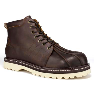 Imagem de Psanfawq Bota de trabalho masculina com biqueira moc de 15 cm – Bico macio, couro de flor integral premium com sola antiderrapante e palmilha confortável, botas de cano baixo resistentes com cadarço