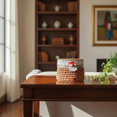 Imagem de Porta Panetone Natalino, Crochê, Decorativo, Dourado e Branco - Feito a Mão