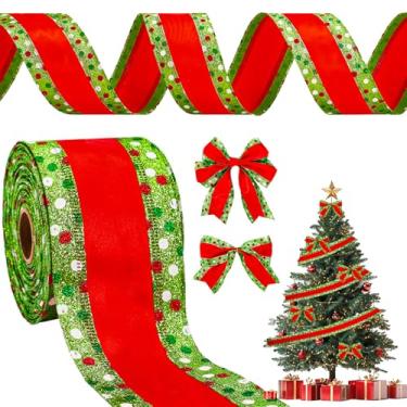Imagem de Whaline Fita de Natal com fio vermelho verde pontos listrados glitter tecido fita artesanal para árvore de Natal, guirlanda de presente festa de fim de ano, decoração de casa, 6 cm, 15 jardas