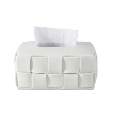 Imagem de Caixa de lenços Tissue Box Ceramic Square Woven Texture Home Living Room Desktop Organizer(Branco)