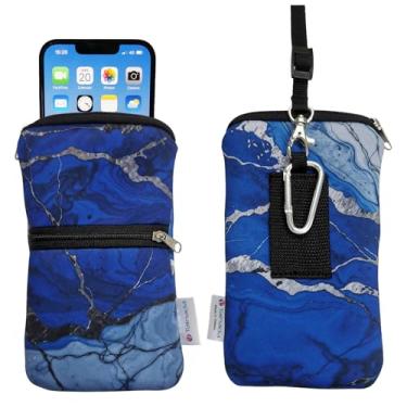 Imagem de Tainada Capa masculina feminina de neoprene à prova de choque com zíper, bolsa com mosquetão, cordão de pescoço, coldre para cinto para iPhone 15/14 Pro Max; Samsung S23+, A54 (azul mármore)