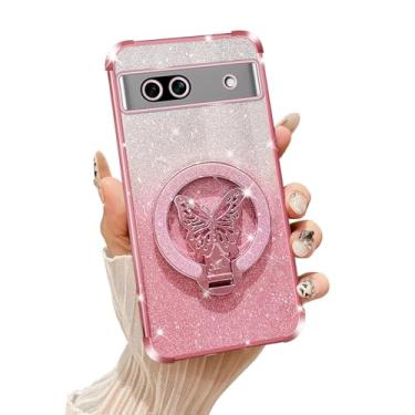 Imagem de Tesazxcn Capa de celular para Google Pixel 7A [compatível com Magsafe] com suporte de borboleta e cordão de TPU macio brilhante capa de proteção à prova de choque para Google Pixel 7A, ouro rosa