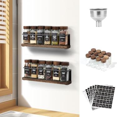 Imagem de KitHero Suporte magnético para temperos com tampa de madeira com 12 frascos, 216 etiquetas, 1 funil de aço para geladeira, forno de micro-ondas - conjunto completo de organizador de especiarias