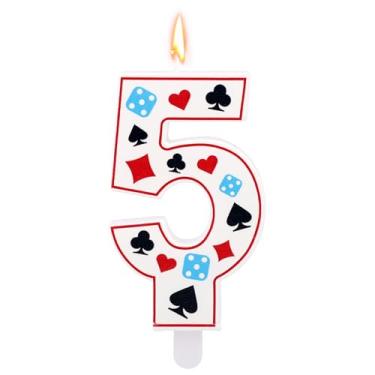 Imagem de Vela de aniversário com tema de cassino, vela com número de dados de pôquer para decorações de bolos, artigos de decoração de festa de aniversário com tema de jogos de azar (número 5)
