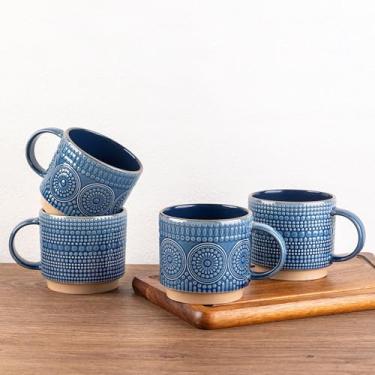 Imagem de GBHOME Canecas de café empilháveis de 340 g, canecas de café de cerâmica com padrões de textura para homem, mulher, pai, mãe, conjunto de 4 canecas de café modernas para latte/cappuccino/cacau. Seguro