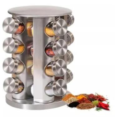 Imagem de Porta Temperos Giratório De Aço Inox Com Potes De Vidro - GBG STORE