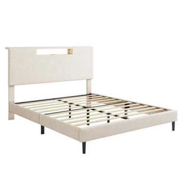 Imagem de Mbeysaq Estrutura de cama estofada de tamanho completo com luzes LED de cabeceira alta porta de carregamento suporte de ripas de madeira moldura de cama fácil montagem (YM19327CJ12)