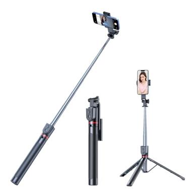 Imagem de XIHAMA Tripé de viagem com bastão de selfie, tripé extensível tudo em 1 com controle remoto sem fio, tripé de câmera portátil compatível com iPhone 17/16, GoPro e Android (preto, 50 polegadas)