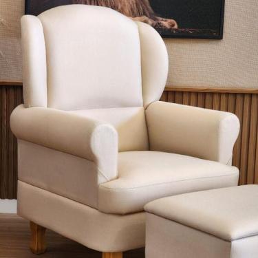 Imagem de Poltrona De Amamentação Fixa Com Pés De Madeira E Puff Baú Linho Bege 