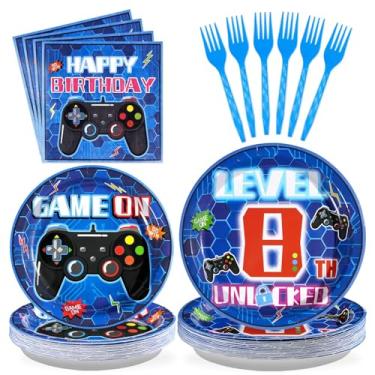 Imagem de Grencian 96 peças de decoração de festa de aniversário de 8º videogame azul nível 8 pratos de aniversário e guardanapos conjuntos de utensílios de mesa para crianças meninos 8 anos de idade Gamer