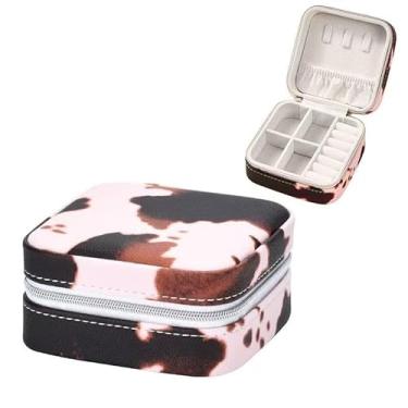 Imagem de Jinglong Caixa de joias de viagem com estampa de gado, organizador de joias compacto e adorável, adequado para anéis, colares e brincos, caixa de armazenamento portátil de joias (padrão de vaca marrom