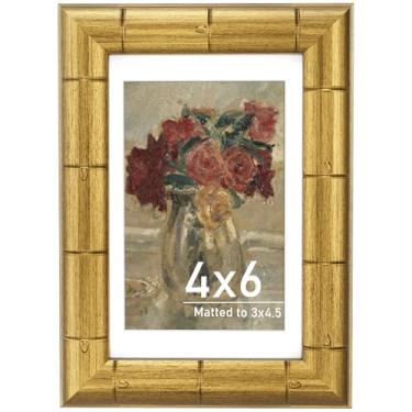 Imagem de Porta-retrato de 10 x 15 cm com design de bambu e vidro verdadeiro, molduras douradas exibem imagens 7 x 10 cm com tapete ou 10 x 15 cm sem para montagem na parede ou na mesa