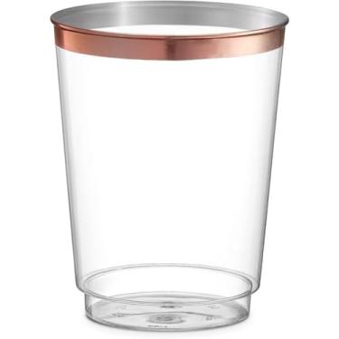 Imagem de Kit 25/50 Copos Acrílico 300ml Lavável Descartável Cristal,copo transparente com borda dourado rosa(25)