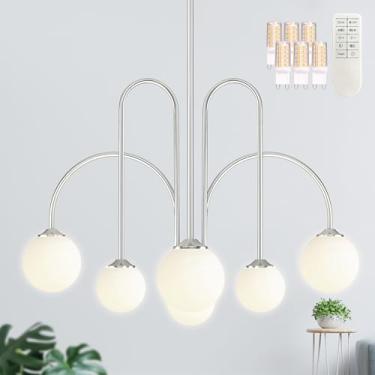 Imagem de Bagood Lustre Globo De Níquel Com 6 Luzes, Luminária Moderna Sputnik Regulável Vidro Branco 29,5" Para Sala Jantar, Quarto E Cozinha (Lâmpada G9 Controle Remoto Inclusos)
