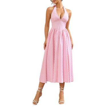 Imagem de Vestido maxi Parthea xadrez nas costas com decote em V para mulheres