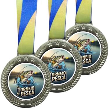 Imagem de Kit 10 Medalhas Para Torneio De Pesca Esportes 60mm Pescaria Com Cordão Honra ao mérito