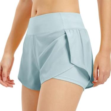 Imagem de Shorts de corrida femininos 2 em 1 com bolso, cintura larga, forro de camada, descanso, esporte, ioga, fitness, treino, atlético, academia, casa, roupas esportivas