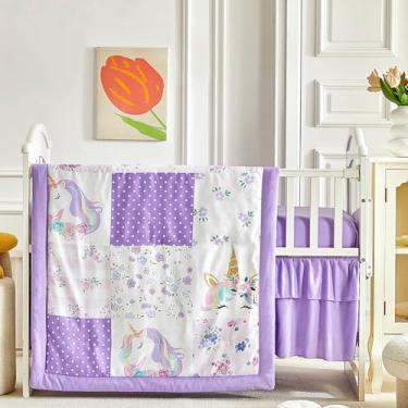 Imagem de Jogo de cama de berço de patchwork, estampa floral, xadrez, unicórnio, 3 peças, lençol com elástico e saia para cama, lençol com elástico e saia para cama - conjunto de cama de berço de unicórnio