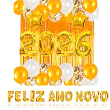Imagem de Kit Decoração Ano Novo 2026, Balões Dourados e Brancos com Confete, Cortina Metalizada, Números Infláveis e Frase Feliz Ano Novo para Reveillon
