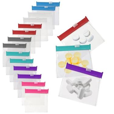 Imagem de Bolsas reutilizáveis para pílulas com trava deslizante, 14 sacos de comprimidos com zíper para organizador de viagem, dicas de medicamentos e itens pequenos, conjunto portátil translúcido em 7 cores