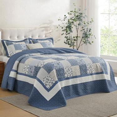 Imagem de SOElinens Colchas Queen 102 x 120 - Conjunto de colcha queen extragrande, xadrez, floral, xadrez, reversível, grande, 3 peças, leve, fino, 100% algodão, azul/branco