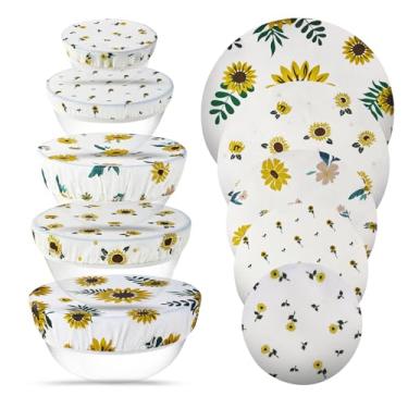 Imagem de Capas de tigela reutilizáveis de 5 tamanhos para impermeabilização de pão - Capas de tigela de cera de abelha reutilizáveis 11/6/8/10/12 polegadas - Capa de pano de algodão elástico - Toucas de