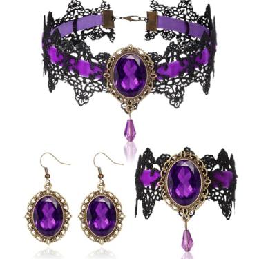 Imagem de Tondiamo Gargantilha gótica conjunto de joias para mulheres, estilo vitoriano, gargantilha, colar, pulseira, brinco, fantasia de bruxa e vampiro, Chain: about 13 inches, liga, pedras artificiais e