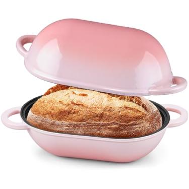 Imagem de Onader Forno holandês de ferro fundido esmaltado, panela de forno holandês de 2,8 litros com tampa para assar pão de fermento, forma oval de bolo de carne, resistente - rosa