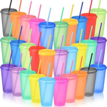 Imagem de Honeydak Pacote com 30 copos de plástico de 680 g com tampas e canudos a granel reutilizáveis copos de café gelado bebida fria caneca de viagem para festas adultos aniversários casamentos (cor mista)