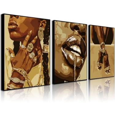 Imagem de Conjunto de arte de parede em tela com 3 peças, moderno, arte feminina afro-americana, joias douradas, pintura em tela, estilo galeria, pôster, pintura decorativa para sala de estar, quarto, estúdio