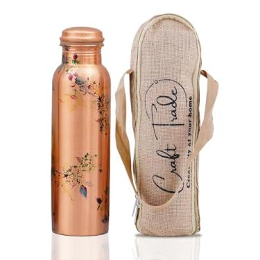 Imagem de Craft Trade Garrafa de água de cobre puro 100% inspirada em Ayurveda para beber, design floral exclusivo feito à mão com estojo de transporte de juta – aumenta a imunidade e digestão, à prova de