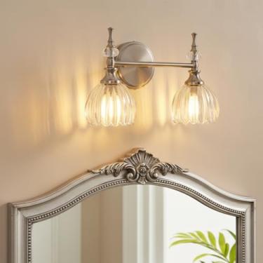 Imagem de ANDY STAR Luminária De Banheiro Em Níquel Escovado, Arandela 2 Luzes Com Cúpula Vidro Tulipa Transparente, Vintage Para Banheiro, Porta, Base E12 (Lâmpadas Não Incluídas)