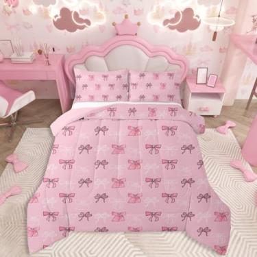 Imagem de jejeloiu Conjunto de cama macio para meninos e meninas, conjunto de edredom com laço rosa, tamanho casal, edredom de microfibra, borboleta, laço, decoração de quarto, 3 peças com 2 fronhas