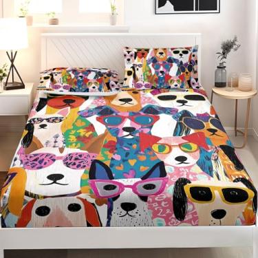 Imagem de AILONEN Jogo de lençol casal de cachorros fofos, desenho animado para crianças, tema de animais de estimação, bolso profundo com 2 fronhas, microfibra macia