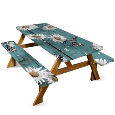 Imagem de ANNA QUEEN Conjunto de capa de mesa de piquenique com girassol de 1,82 m x 76 cm, à prova d'água, banco e toalha de mesa, proteção de móveis para acampamento, praia, churrasco, pátio, quintal