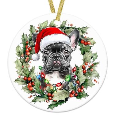 Imagem de nvucamd Presentes de buldogue francês, enfeites de cerâmica de Natal, enfeites de cachorro francês para donos de cães mulheres, enfeites engraçados de buldogue francês Haning enfeites para árvore de