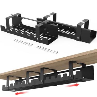 Imagem de Gerenciamento de cabos 2 em 1 embaixo da mesa preta, comprimento ajustável (39,9 cm a 79,8 cm) bandeja extensível de gerenciamento de cabos, ocultador de cabos para organizador de fios, organizador de