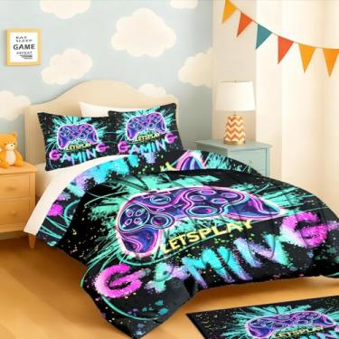 Imagem de yompray Jogo de cama com controle de jogo, macio, leve, fofo, para crianças, adolescentes, jogos, decoração de quarto, tamanho casal, 3 peças (1 edredom + 2 fronhas)