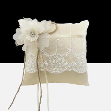 Imagem de COSLANLEE Almofada de anel de casamento, renda champanhe com flor de cristal, almofada de anel de serapilheira para festa de casamento, cerimônia de aniversário, 15 x 15 cm F