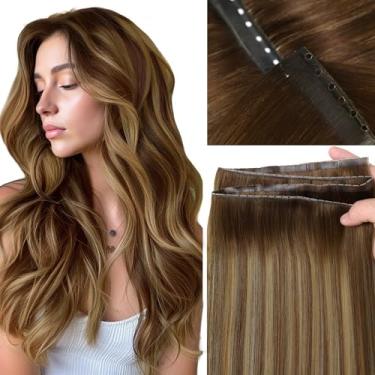 Imagem de LOXXY Extensões de cabelo OVO de poliuretano de trama dupla - 40 cm 100 g sem costura balayage marrom chocolate a loiro caramelo - Extensões de cabelo humano real de borboleta invisível, 1 peça de