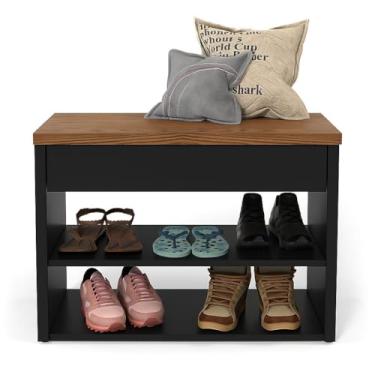 Imagem de Sapateira Hall de Entrada, Sapateira e Banco 2 Prateleiras e Assento Hall, 48 X 68 X 33cm(HALL - PRETO/FREIJÓ)