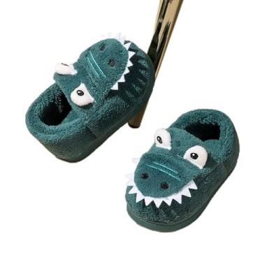 Imagem de Pantufas infantis para meninos e meninas, dinossauro, para casa, interior, inverno, quarto, antiderrapante, sapatos quentes, Azul, 19-20