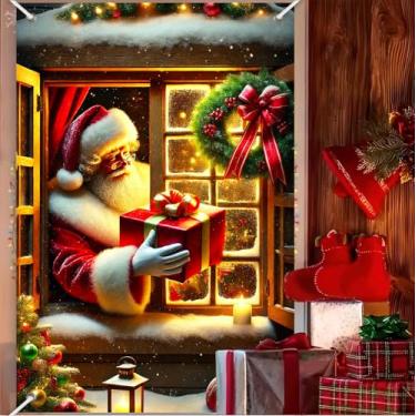 Imagem de BlissYard Decoração de janela de Natal, tecido clássico de Papai Noel com faixa de presente, cena festiva de janela com guirlanda, pôster para festa de Natal de inverno, decoração interna e externa