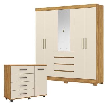 Imagem de Cômoda Flora e Guarda Roupa Casal Ópera Cinamon Touch Off White - Demóbile