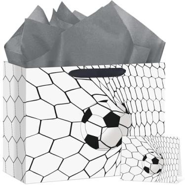 Imagem de Hooqict Grande bolsa de presente de futebol com alças, papel de embrulho, cartão comemorativo para crianças, meninos, adolescentes, homens, esportes, aniversário, lembrancinhas de festa