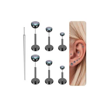 Imagem de Gotumo 18G Brincos de titânio com costas planas piercing de nariz sem fio Tragus Labret cartilagem lábio medusa concha piercing corporal hipoalergênico para mulheres homens preto (W)
