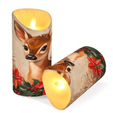 Imagem de Blueangle Pacote com 2 velas de rena de Natal sem chama com controle remoto e temporizador, velas LED cintilantes (7,6 cm x 9,9 cm) para decoração de casa, casamento, acampamento (671)