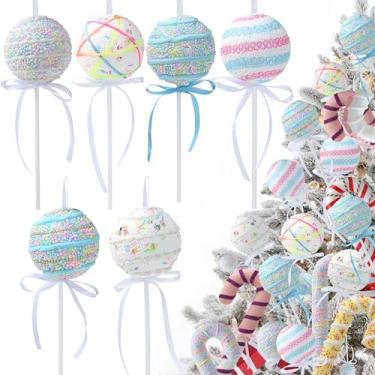 Imagem de 6 peças de enfeites de árvore de Natal grandes de 23 cm bola de doces de espuma de pirulito de natal para pendurar pingentes de árvore de Natal rosa azul para festas de Natal, casamento, decoração de